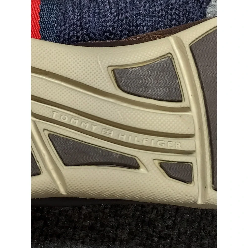 Tommy Hilfiger Men Sweater Boots 8.5M Navy Cable Knit Brown Leather Trim Outdoor